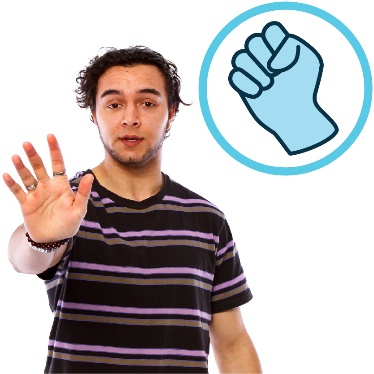 An icon of a closed fist. There is a person with their hand raised saying stop. 