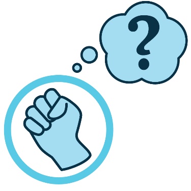 An icon of a closed fist, with a thought bubble and a question mark in it. 