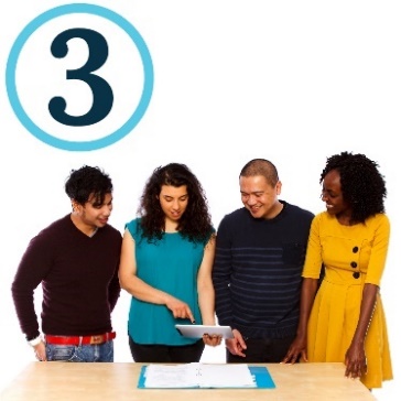 A group of people reading a document, with a number 3 above them. 