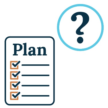 An icon of a plan with tick boxes on it, with a question mark above it. 