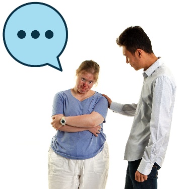 A person supporting someone who looks upset. The upset person has a speech bubble and is saying something. 