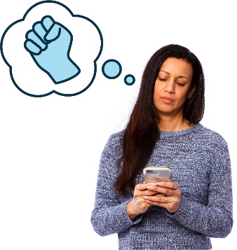 A person using their phone. They have a thought bubble with a violence icon. 