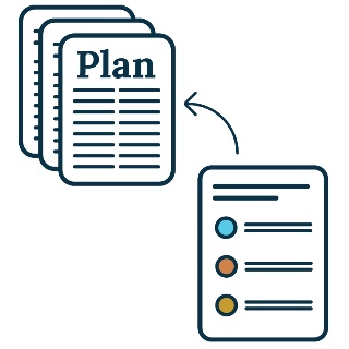 A document with an arrow curving to a plan icon.