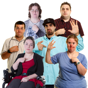 A group of people with disability with their hands raised. 