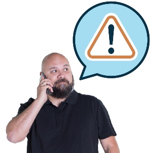 A person on the phone. They have a speech bubble with a warning symbol in it. 