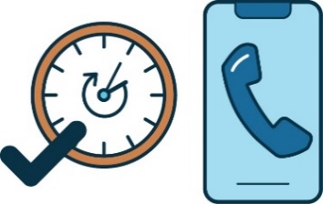 A clock with an arrow showing every hour. There is a tick on it, and a phone icon. 