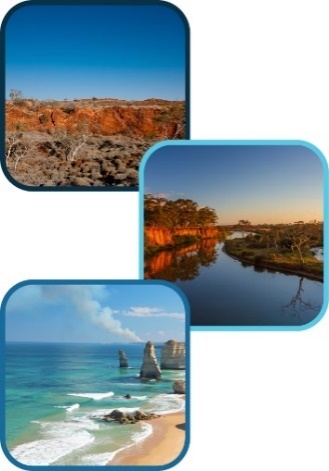 Three photos. The first is of a desert landscape, with trees and scrub. The second is of a river, at sunset or sunrise. The third is of a beach with high cliffs. 