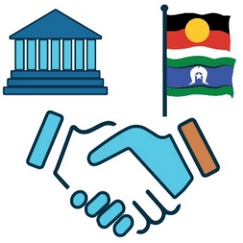 Two hands shaking. There is a government building and the Aboriginal and Torres Strait Islander flags. 