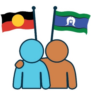 Two people supporting each other with  the Aboriginal and Torres Strait Islander flags above them. 