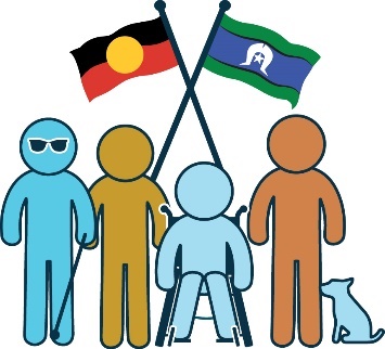 A group of people, some with disability, and the Aboriginal and Torres Strait Islander flags above them. 