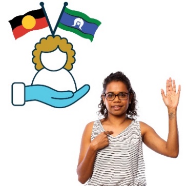 A person pointing at themselves with a services icon above them and the Aboriginal and Torres Strait Islander flags. 