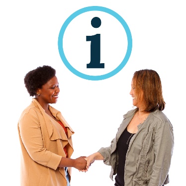 Two people shaking hands with an information icon above them. 