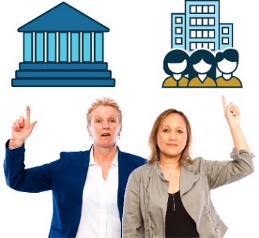 Two people with their hands raised. Behind one of them is a government building. Behind the other is an icon of a community organisation. 