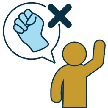 A person with their hand raised. They have a speech bubble with a violence icon in it, and a cross on the violence icon. 