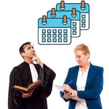 A judge and a person in a suit looking at documents, with stacks of calendars above them. 