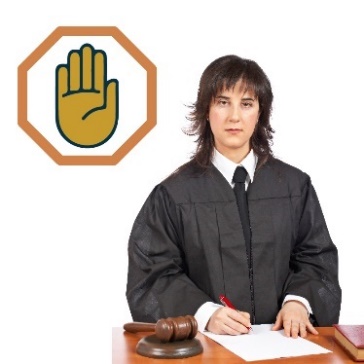 A judge sitting next to a stop icon. 