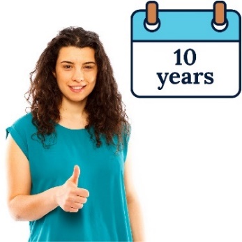 A person giving a thumbs up, with a calendar saying 10 years. 