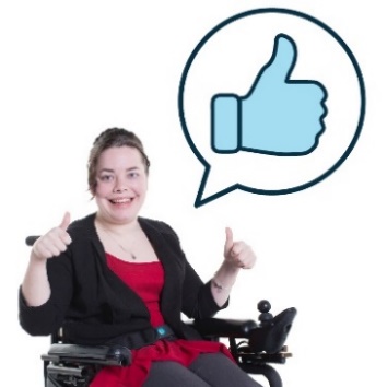 A person giving a thumbs up. There is a speech bubble with a thumbs up icon inside it. 