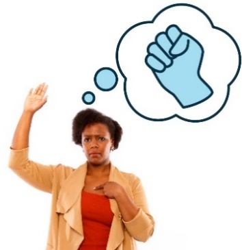 A person pointing at themselves with their hand raised. They have a thought bubble with a violence icon inside. 