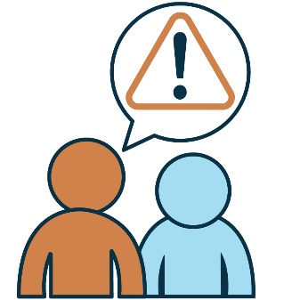 A person standing next to someone, they have speech bubble with a warning symbol in it. 