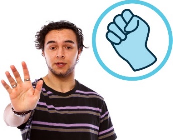 A violence icon, showing a closed fist. There is a person with their hand out to say stop.