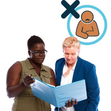 Two people looking at a document. There is an icon of an upset person with a cross on it. 