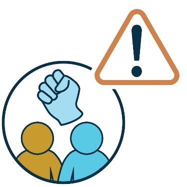 Two people with a violence icon above them. There is a warning symbol next to them. 