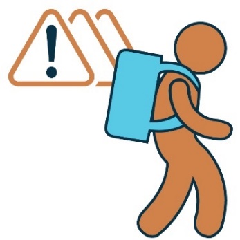 A person walking away with a backpack. There are a stack of warning symbols next to them. 