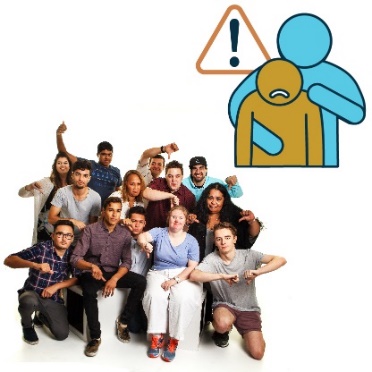 A group of people with their thumbs down. Above them is an icon of sexual violence with a warning symbol on it. 