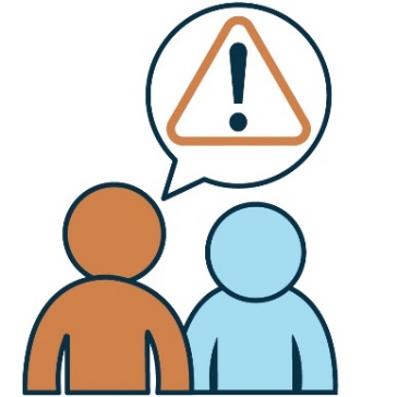 A person standing next to someone, they have speech bubble with a warning symbol in it. 