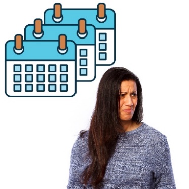 A person looking upset, with a stack of calendars above them. 