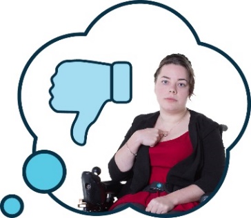 A person pointing at themselves with a thumbs down icon. They are inside a thought bubble. 