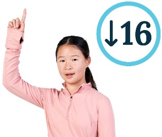 A young child with their hand raised. Above is a number saying 16 with a downward arrow. 