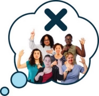 A group of women pointing at themselves with their hands raised. There is a cross above them. They are all inside a thought bubble. 