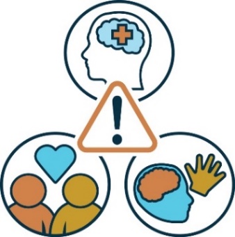 A warning icon surrounded by three icons. The first is a mental health icon, the second is an icon of a relationship, the third is an icon of a brain and a hand. 