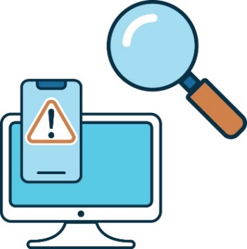 An icon of a phone and a computer with a warning symbol. There is a magnifying glass above them. 