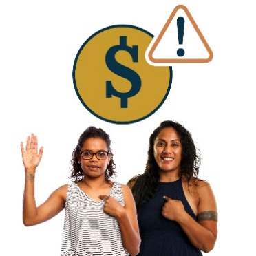 Two women pointing at themselves with their hands raised. There is a money symbol above them. 