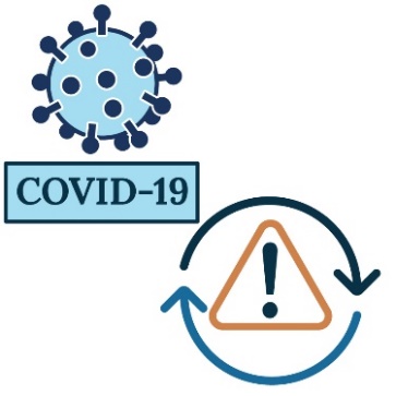 An icon of COVID 19. There is a warning symbol with arrows around it in a loop.