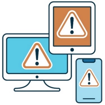 A computer, a phone and a tablet with warning symbols on them. 