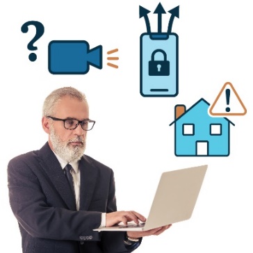 A person on a laptop. There are three icons around them. The first is a video recorder with a question mark. The second is a locked phone with arrows coming off it. The third is a house with a warning symbol on it. 