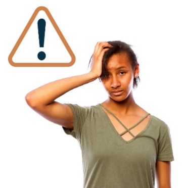 A person holding their head with a warning symbol next to them. 