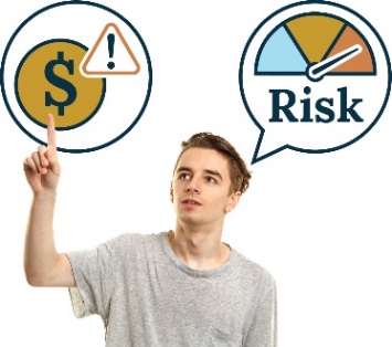 A person with a speech bubble and a risk icon inside it. They are pointing at an icon of financial violence. 