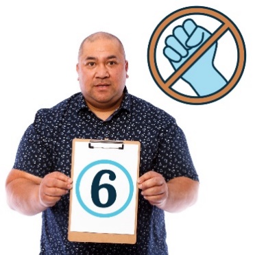 A person holding a clipboard with the number 6 on it. There is a violence symbol with a circle and cross through it. 