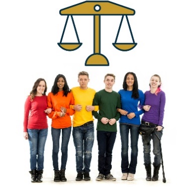 A group of people wearing different colours of the rainbow. There is a icon of fairness above them.