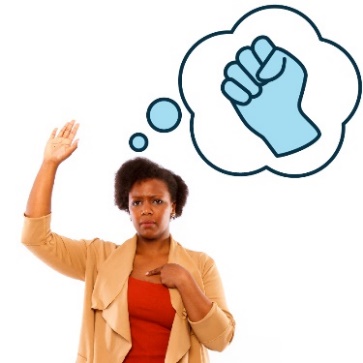 A person pointing at themselves with their hand raised. They have a thought bubble with a violence icon inside. 