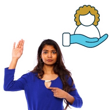 A person pointing at themselves with their hand raised and a support icon above them. 