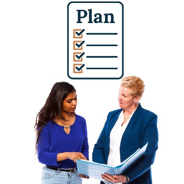 Two people looking over a document with an icon of a plan above them. 