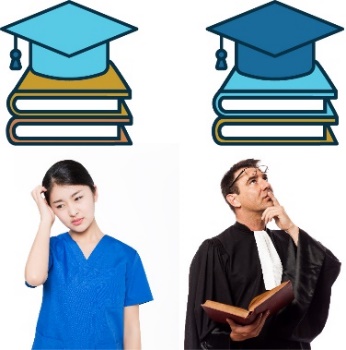 A health care professional holding their head next to a judge holding their chin. Above them both are education symbols. 