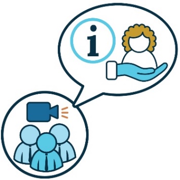 A media icon with a speech bubble. In the speech bubble is a support icon and an information symbol. 