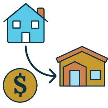 An arrow pointing from one house to another, with a money icon. 